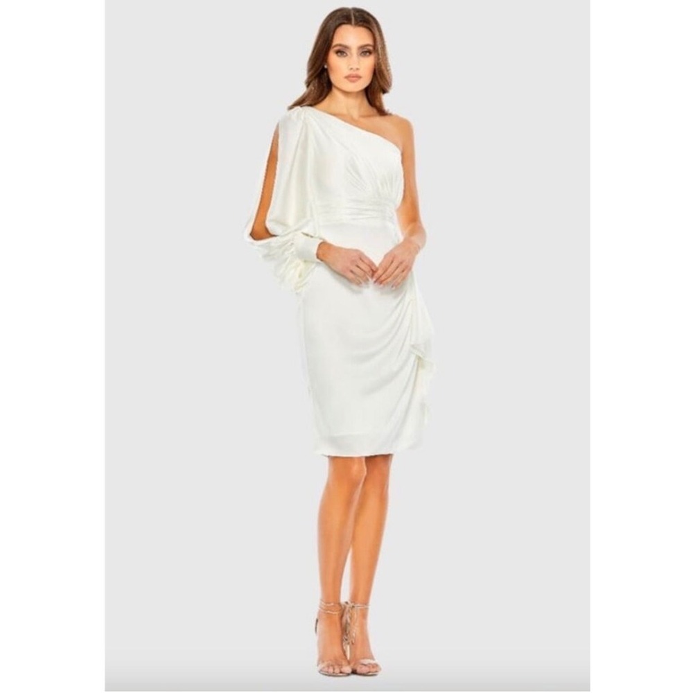 leena Mac Duggal 55336 Satin One Sleeve Ruched Cocktail Dress White Sz 0 $338